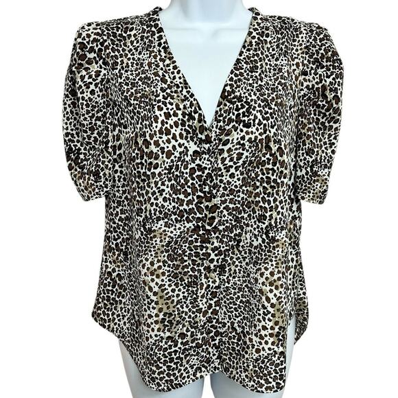 1. State Animal Print Blouse Sz XS V-Neck Puff Short Sleeve Button Front Top - Picture 5 of 7